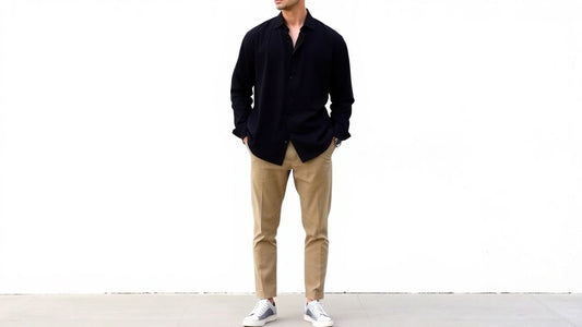 Minimalist black Japanese shirt outfit with neutral trousers