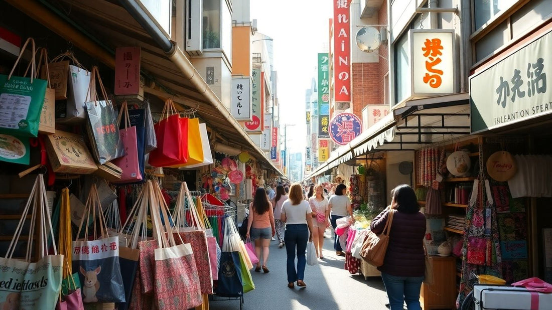 Tokyo shopping street with bags and souvenirs.
