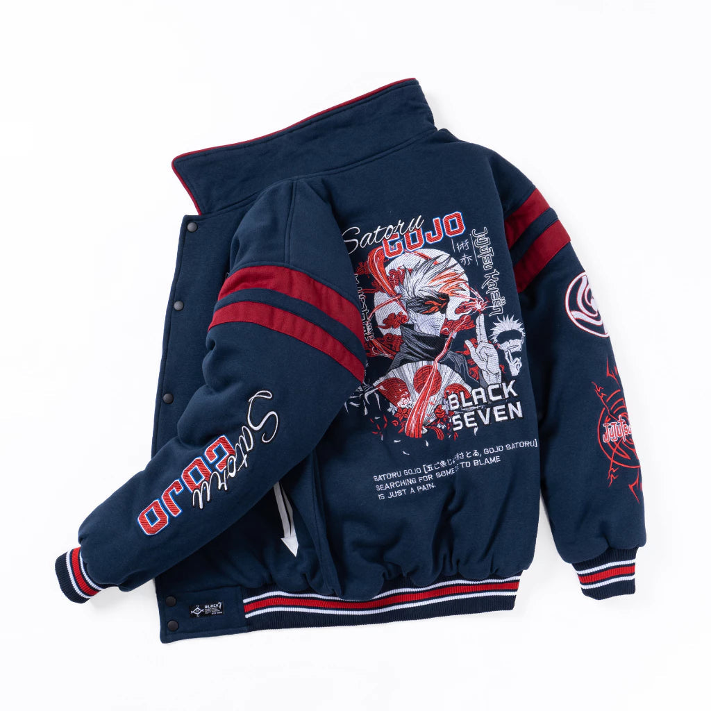 Gojo Satoru Limited Edition Varsity Jacket – Jujutsu Kaisen | Premium Oversized Anime Streetwear BlackSeven