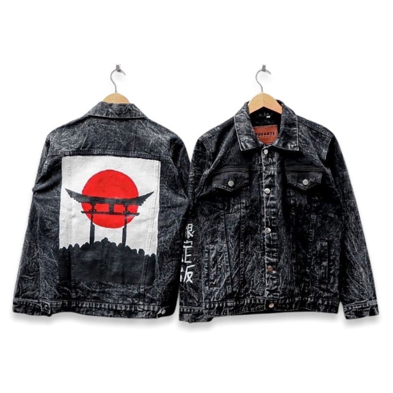 Denim Jacket Blackwash with Japanese Painting Design Art Zewearsy
