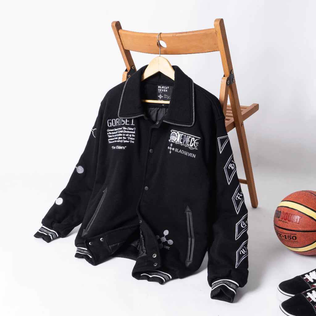 Gorosei Varsity Jacket – One Piece Black Edition | Rare Embroidered Anime Streetwear BlackSeven