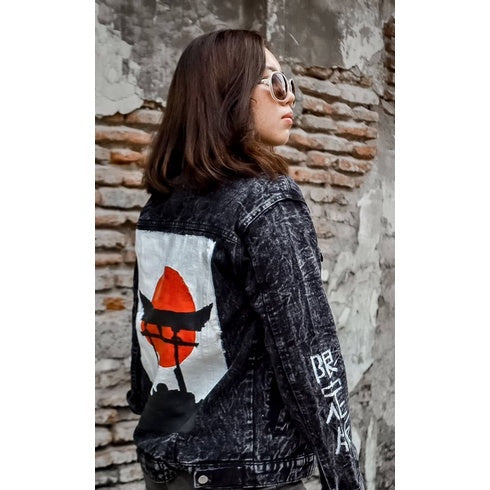 Denim Jacket Blackwash with Japanese Painting Design Art Zewearsy