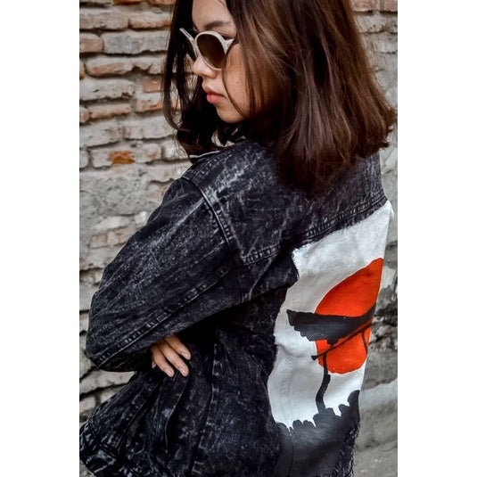 Denim Jacket Blackwash with Japanese Painting Design Art Zewearsy