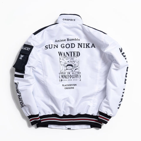 One Piece Luffy Gear 5 Bomber Jacket Windbreaker Cyberpunk Edition Black and White - Japan Fashion | Zewearsy Store One Piece Luffy Gear 5 Bomber Jacket Windbreaker Cyberpunk Edition Black and White - Japan Fashion | Zewearsy Store