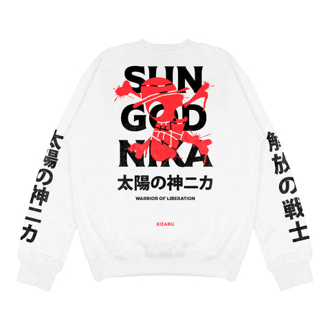 White Crewneck Sweater Anime One Piece LUFFY SUN GOD NIKA | Japan Apparel | Zewearsy Store White Crewneck Sweater Anime One Piece LUFFY SUN GOD NIKA | Japan Apparel | Zewearsy Store