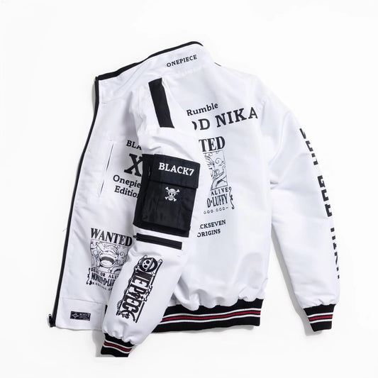 One Piece Luffy Gear 5 Bomber Jacket Windbreaker Cyberpunk Edition Black and White - Japan Fashion | Zewearsy Store