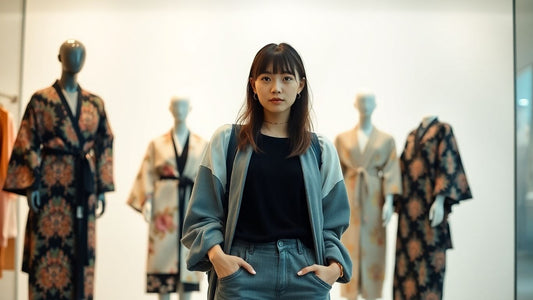 Trendy woman in Japanese street fashion outside boutique.