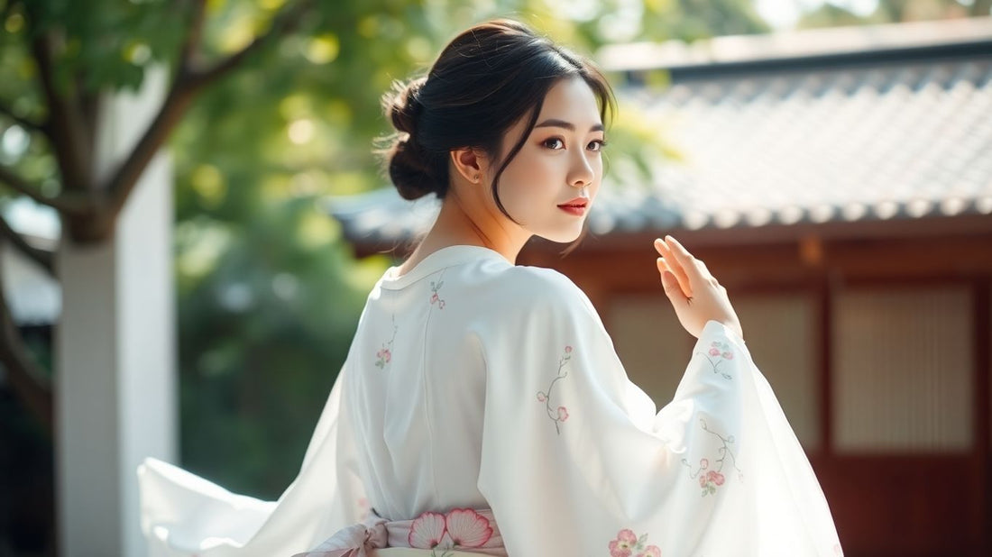 Woman in elegant white Japanese kimono