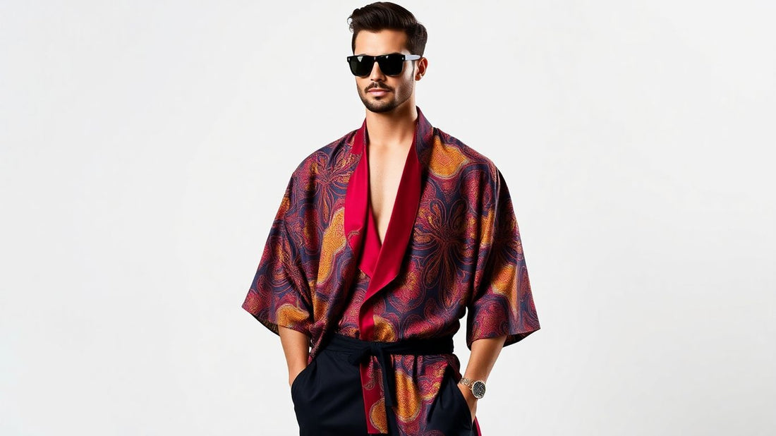 Man wearing a modern, patterned kimono.