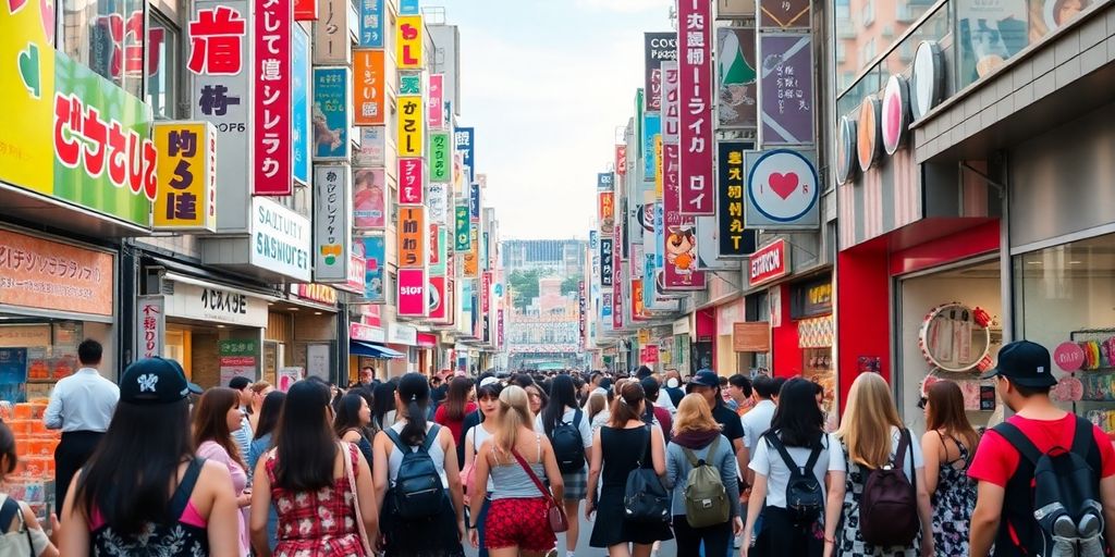 Colorful street scene in Harajuku, Japan with stylish people.