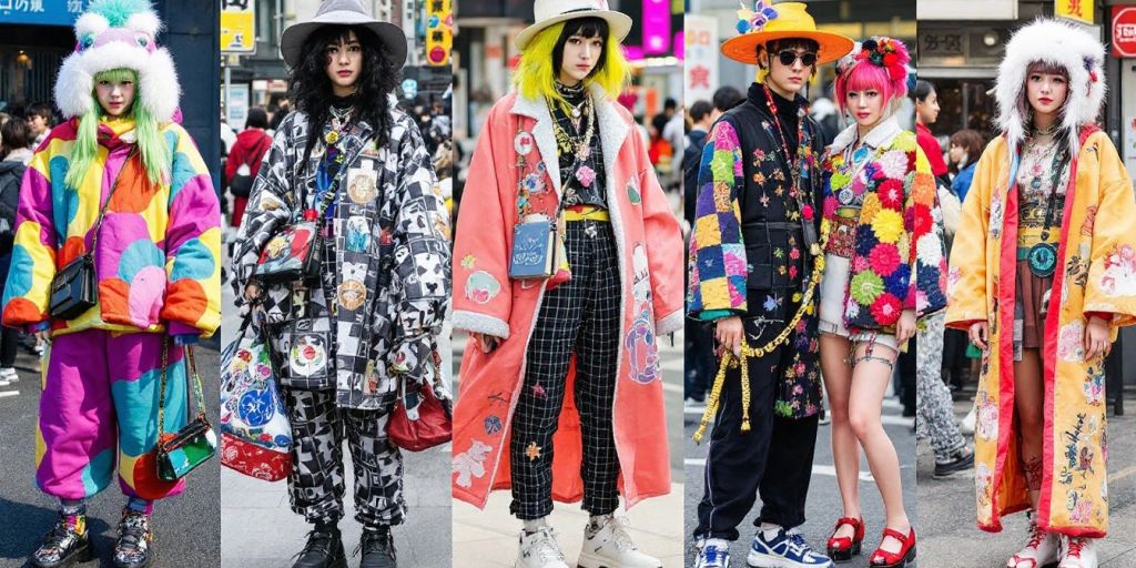 Colorful Harajuku fashion styles with traditional and streetwear elements.