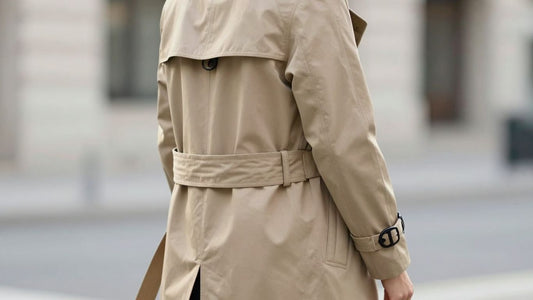Man wearing a classic beige trench coat.