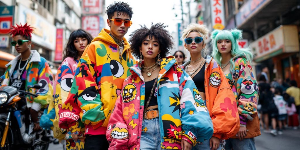 Diverse people in anime-inspired streetwear in an urban setting.