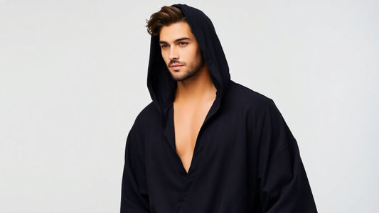 Man wearing a stylish hooded kimono
