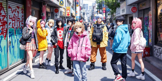 Japanese streetwear styles with anime fans in urban setting.