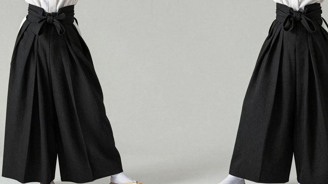Person wearing black hakama pants with modern style.