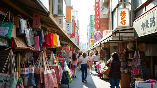 Tokyo shopping street with bags and souvenirs.