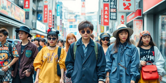 Japanese streetwear fashion in an urban Tokyo setting.