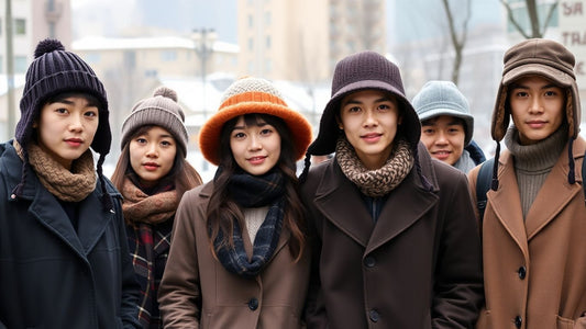 Trendy Japanese winter hats in snowy urban scene