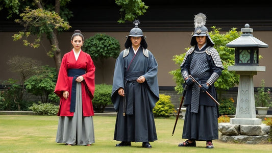 Medieval Japanese clothing in tranquil garden setting