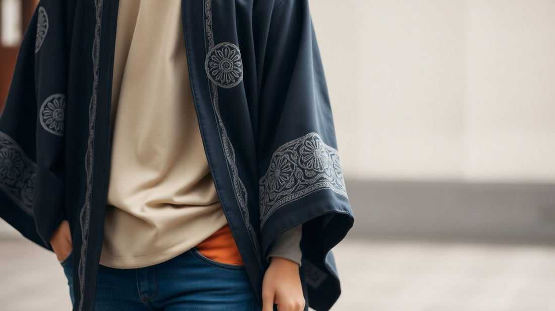 Person wearing a patterned Japanese haori jacket.