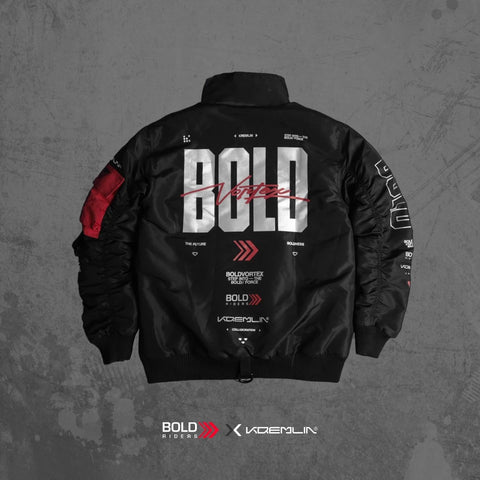 Black Bold Vortex bomber jacket from the Kremlin x Bold Riders collaboration, front view