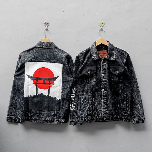 Denim Jacket Blackwash with Japanese Painting Design Art