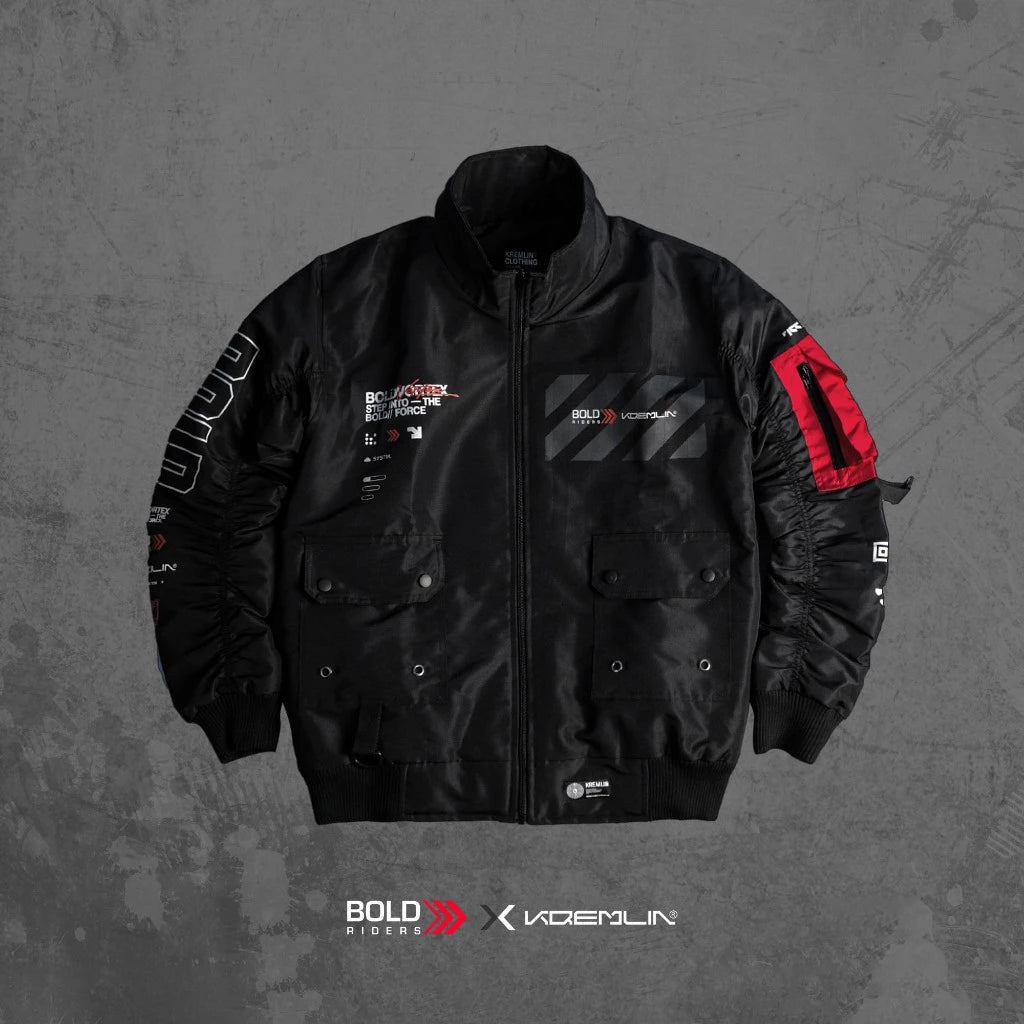 Front detail of black Bold Vortex unisex bomber jacket with red and white graphic accents