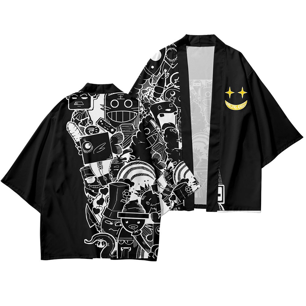 Black White Comic Cartoon Kimono Unisex Oversized | Japan Apparel