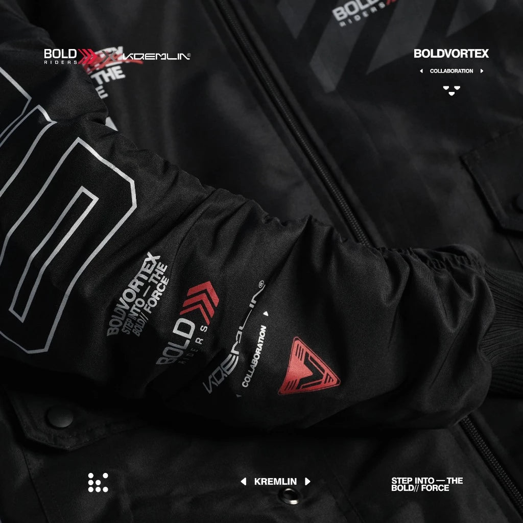 Rear graphic detail on the black Bold Vortex collaboration bomber jacket
