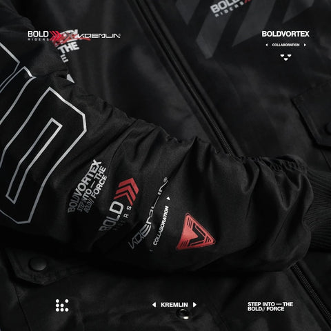 Rear graphic detail on the black Bold Vortex collaboration bomber jacket