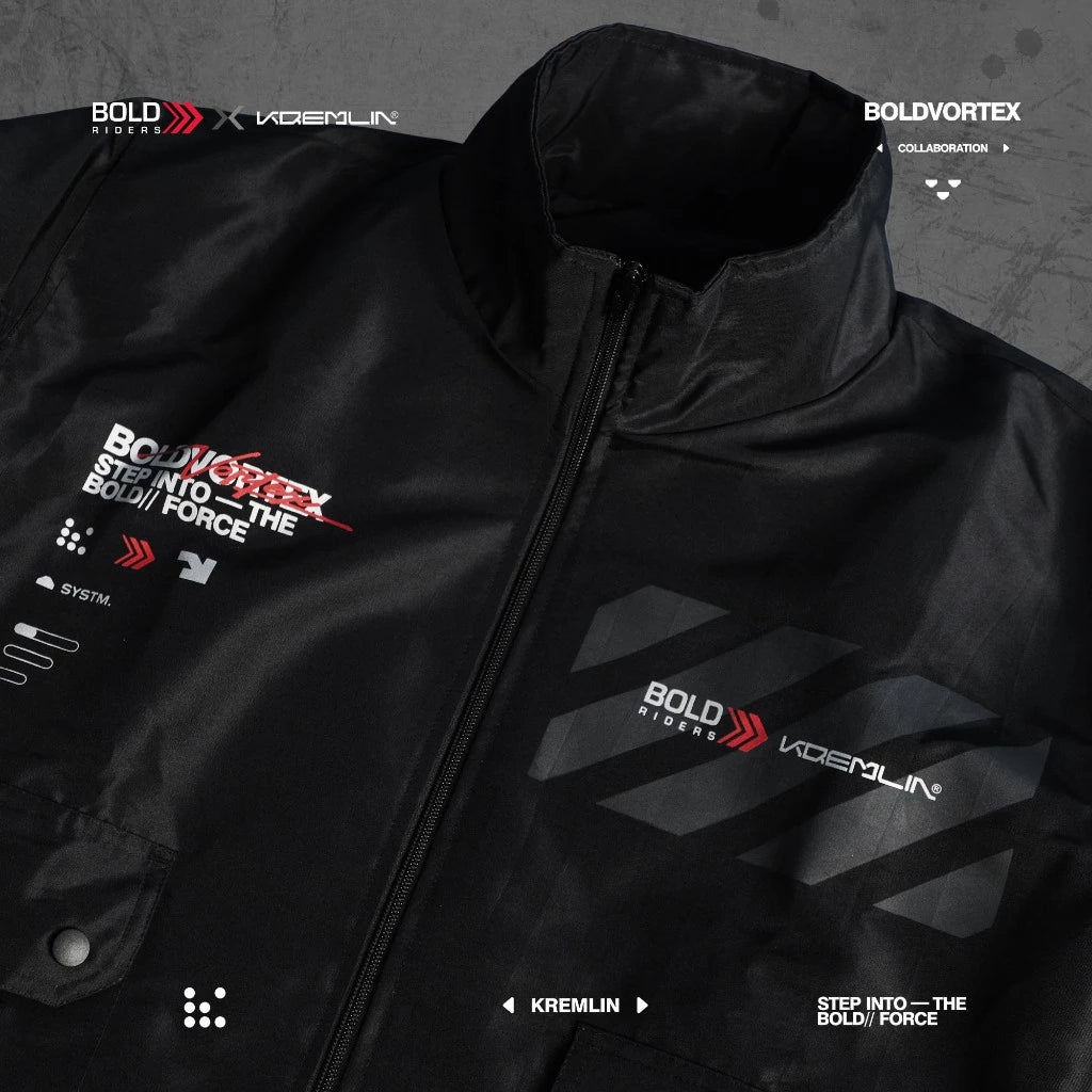 Close-up of the YKK zipper and front graphic details on the black bomber jacket