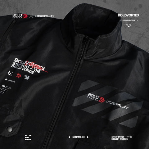 Close-up of the YKK zipper and front graphic details on the black bomber jacket