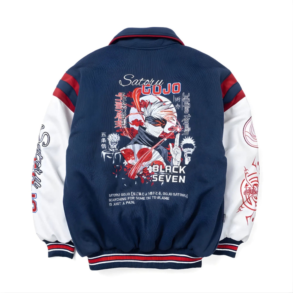 Gojo Satoru Jujutsu Kaisen varsity jacket with white sleeves, angled back view