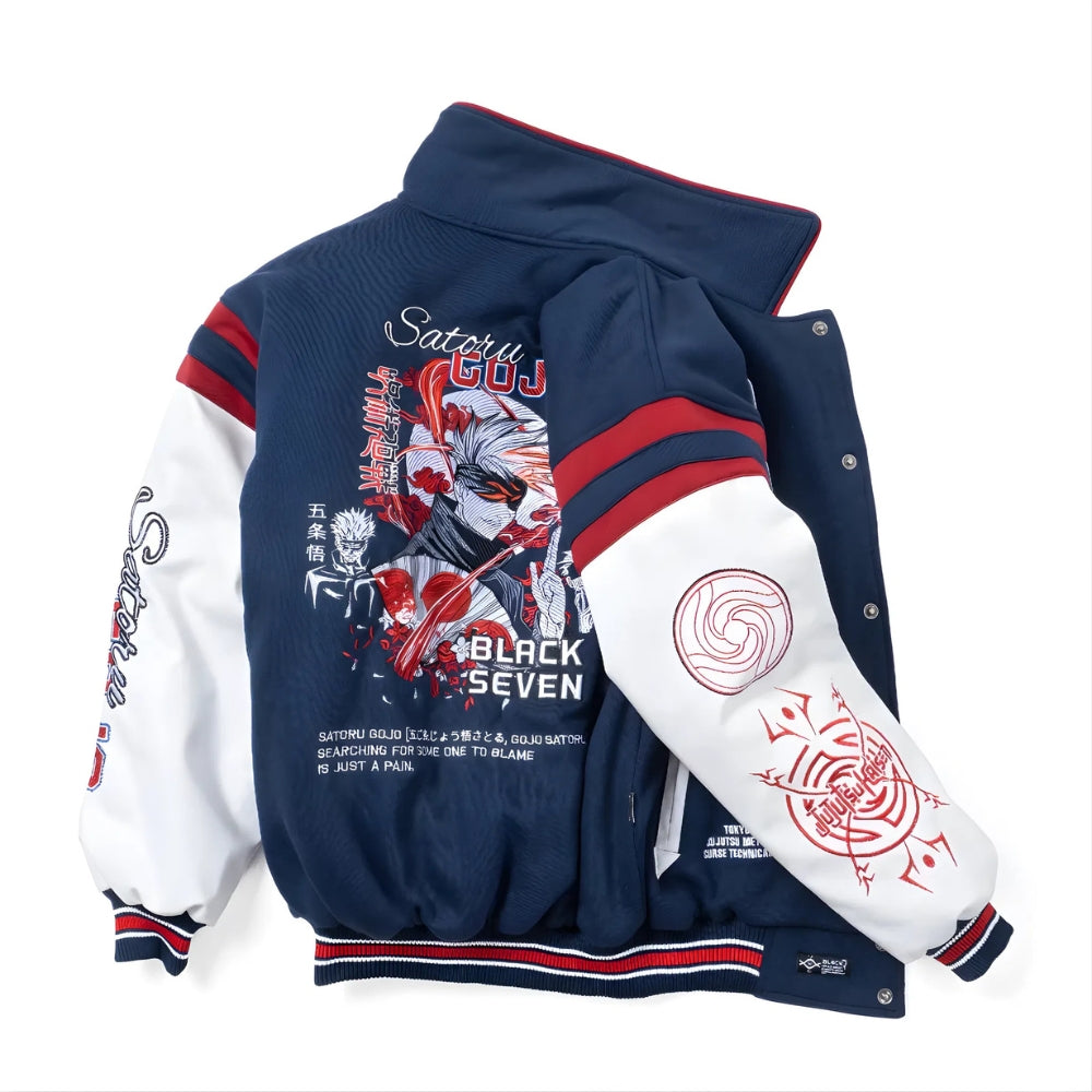 Back of Gojo Satoru varsity jacket with white sleeves and character embroidery