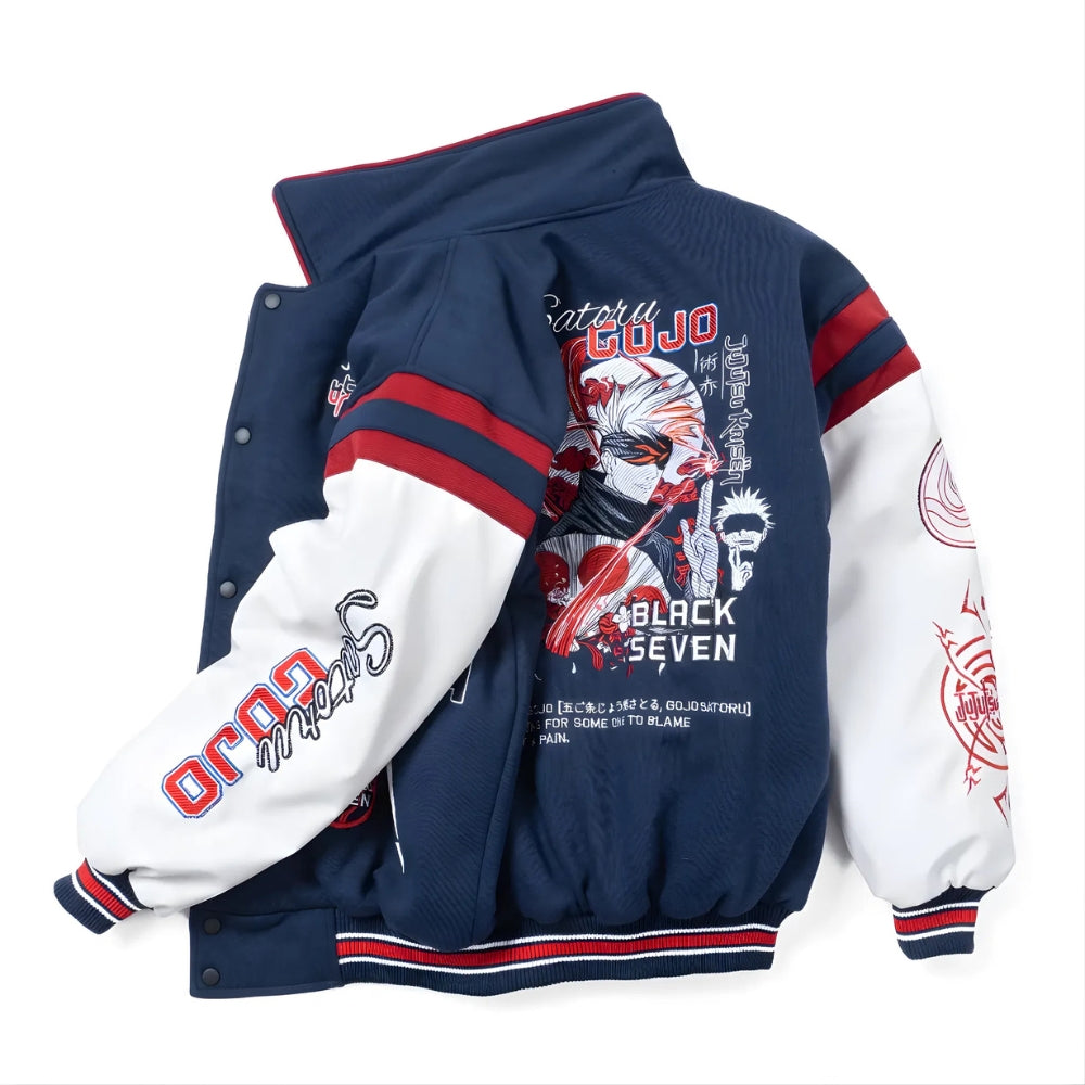 Front of Gojo Satoru varsity jacket with white sleeves and red inner lining