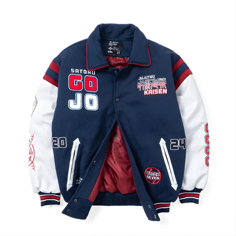 Close-up of Gojo Satoru jacket chest embroidery, snap buttons and red lining
