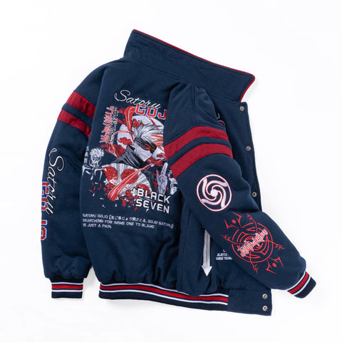 Back of Gojo Satoru varsity jacket with Jujutsu Kaisen character embroidery