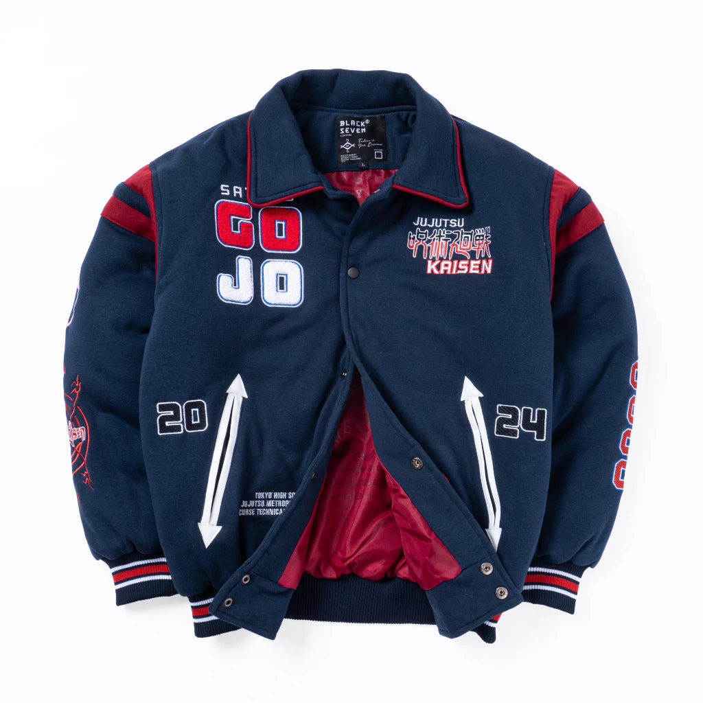 Side view of Gojo Satoru embroidered varsity jacket with dark sleeves