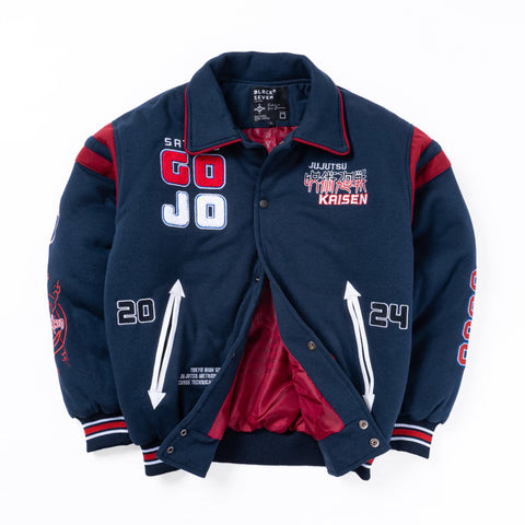 Side view of Gojo Satoru embroidered varsity jacket with dark sleeves