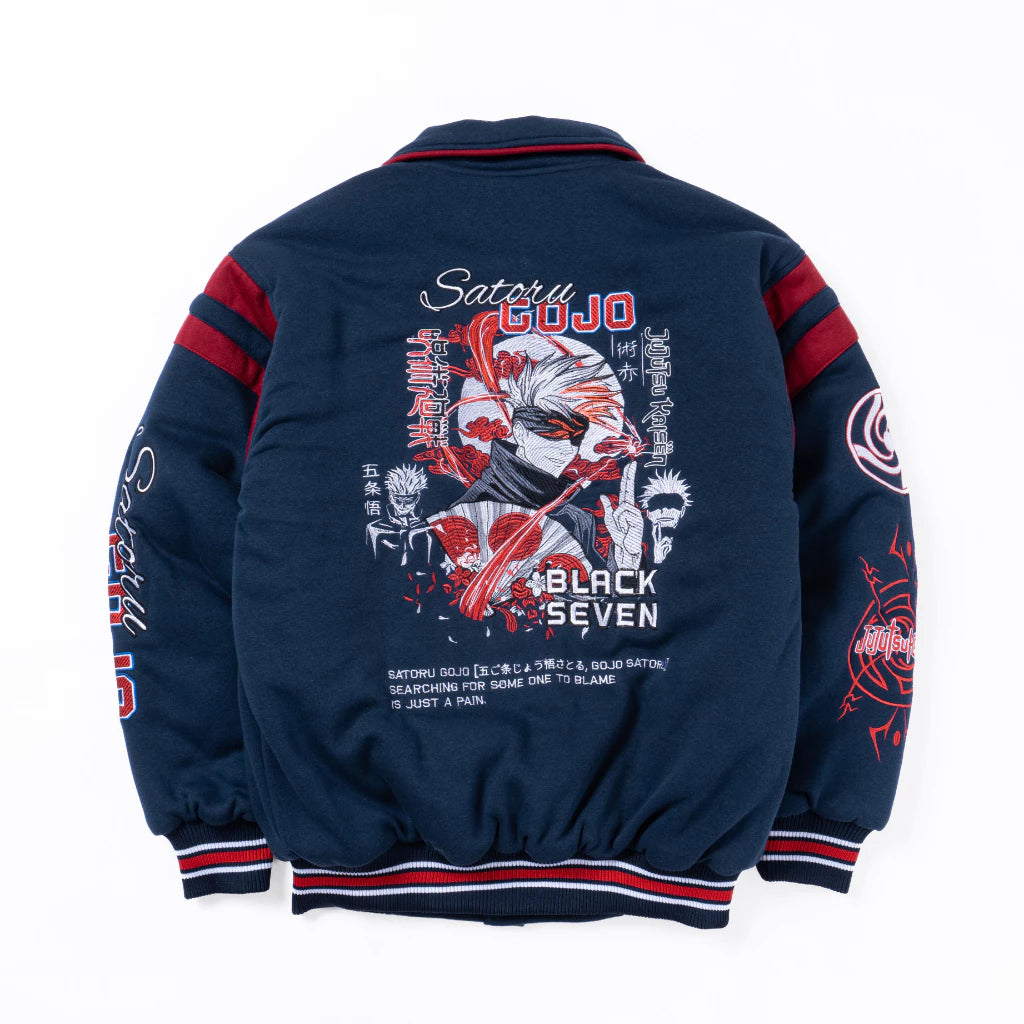 Gojo Satoru Jujutsu Kaisen jacket styled flat with embroidered chest and sleeves