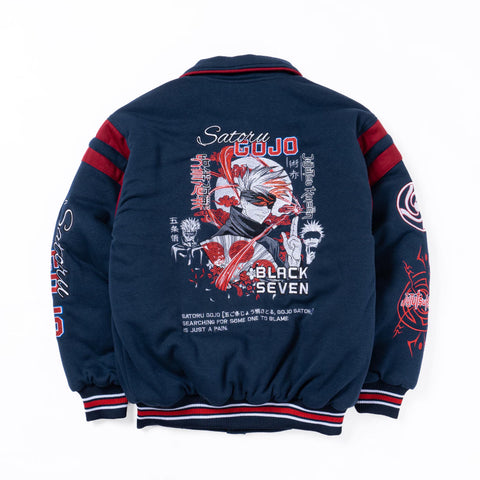 Gojo Satoru Jujutsu Kaisen jacket styled flat with embroidered chest and sleeves