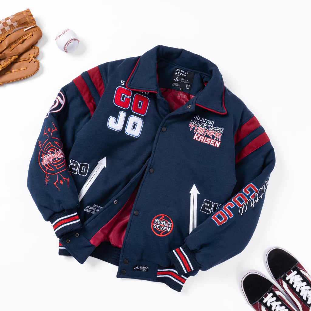 Angled back view of Gojo Satoru varsity jacket showing sleeve and character artwork