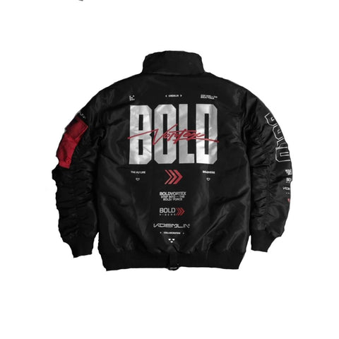 Lifestyle back view of the black Bold Vortex bomber jacket on a rider