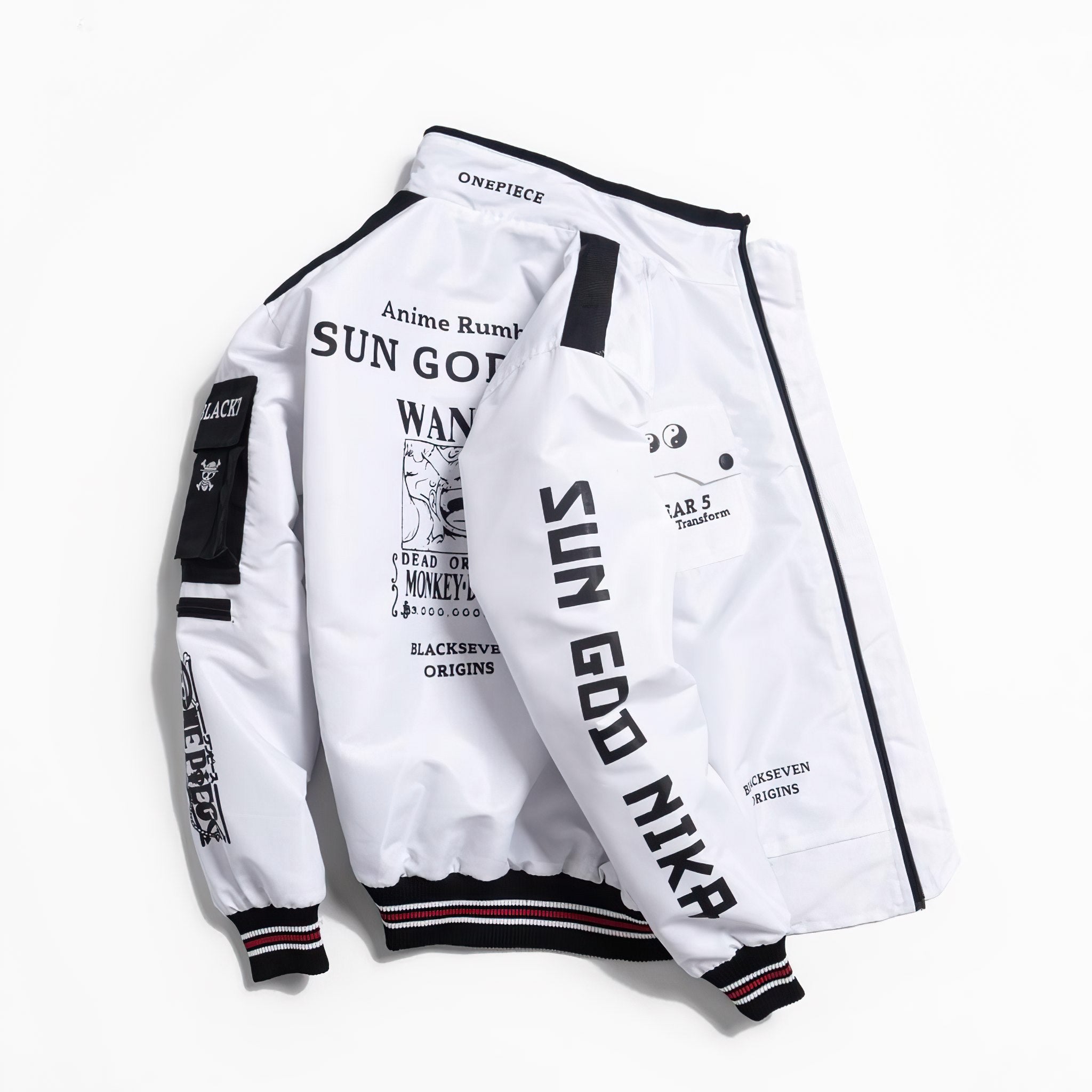 One Piece Luffy Gear 5 Bomber Jacket Windbreaker Cyberpunk Edition Black and White - Japan Fashion | Zewearsy Store