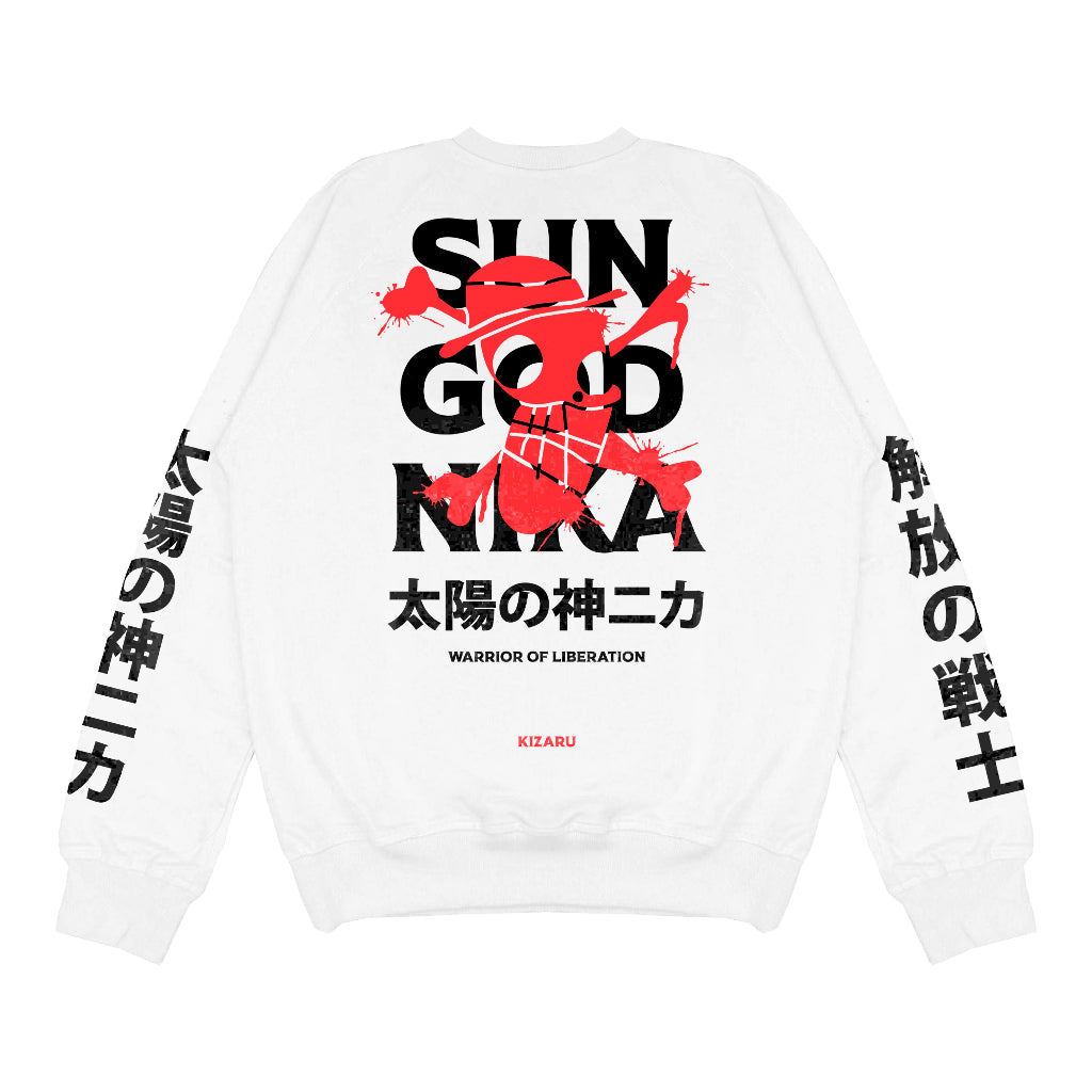 White Crewneck Sweater Anime One Piece LUFFY SUN GOD NIKA | Japan Apparel | Zewearsy Store