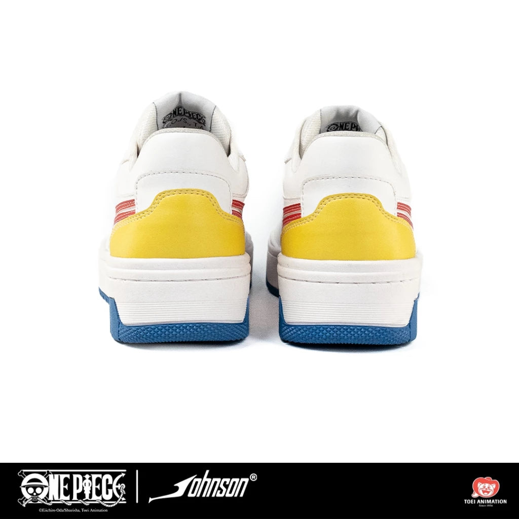 One Piece Luffy sneakers rear view with yellow heel and blue outsole
