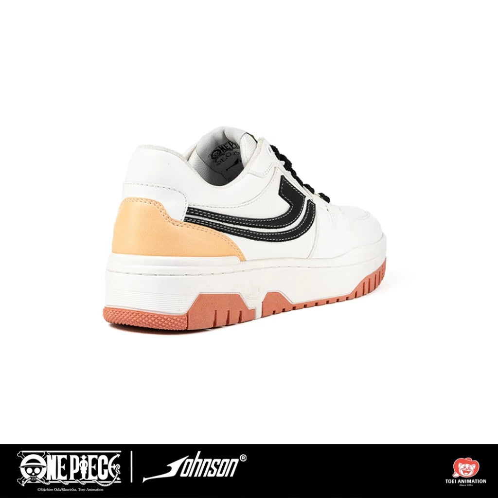 Side profile of white One Piece Brook sneaker with black details and peach outsole