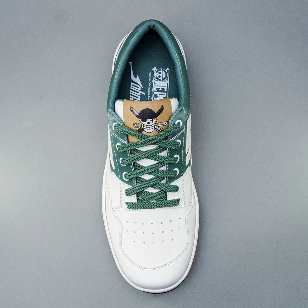 Top angled view of One Piece Zoro sneakers with green laces