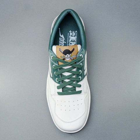 Top angled view of One Piece Zoro sneakers with green laces